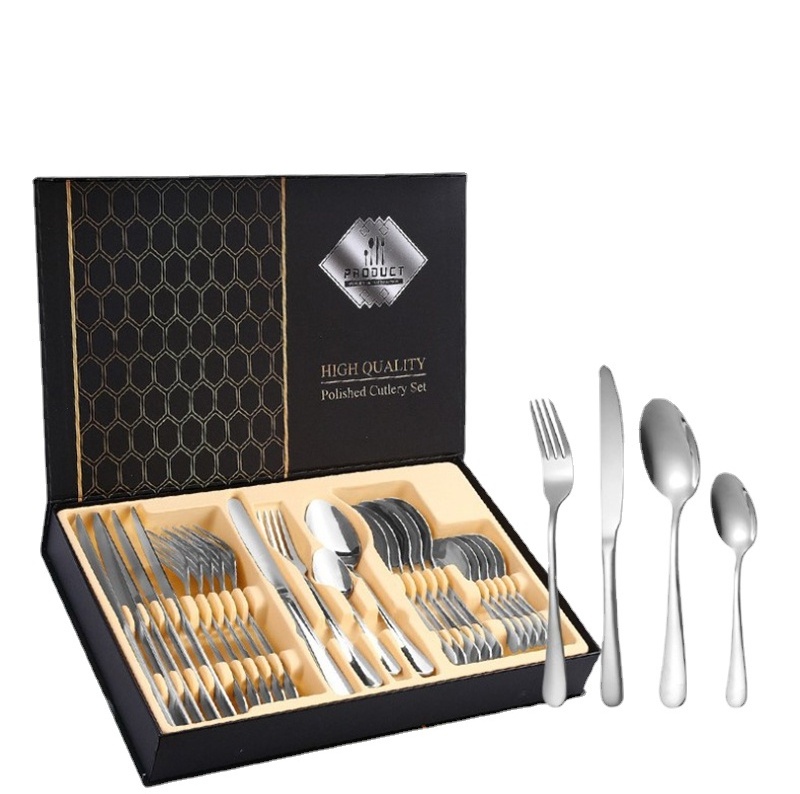 Stainless Steel  cutleri 304 black 24 piece Luxury Flatware Golden reusable Utensils spoon and fork 24Pcs gift box Cutlery