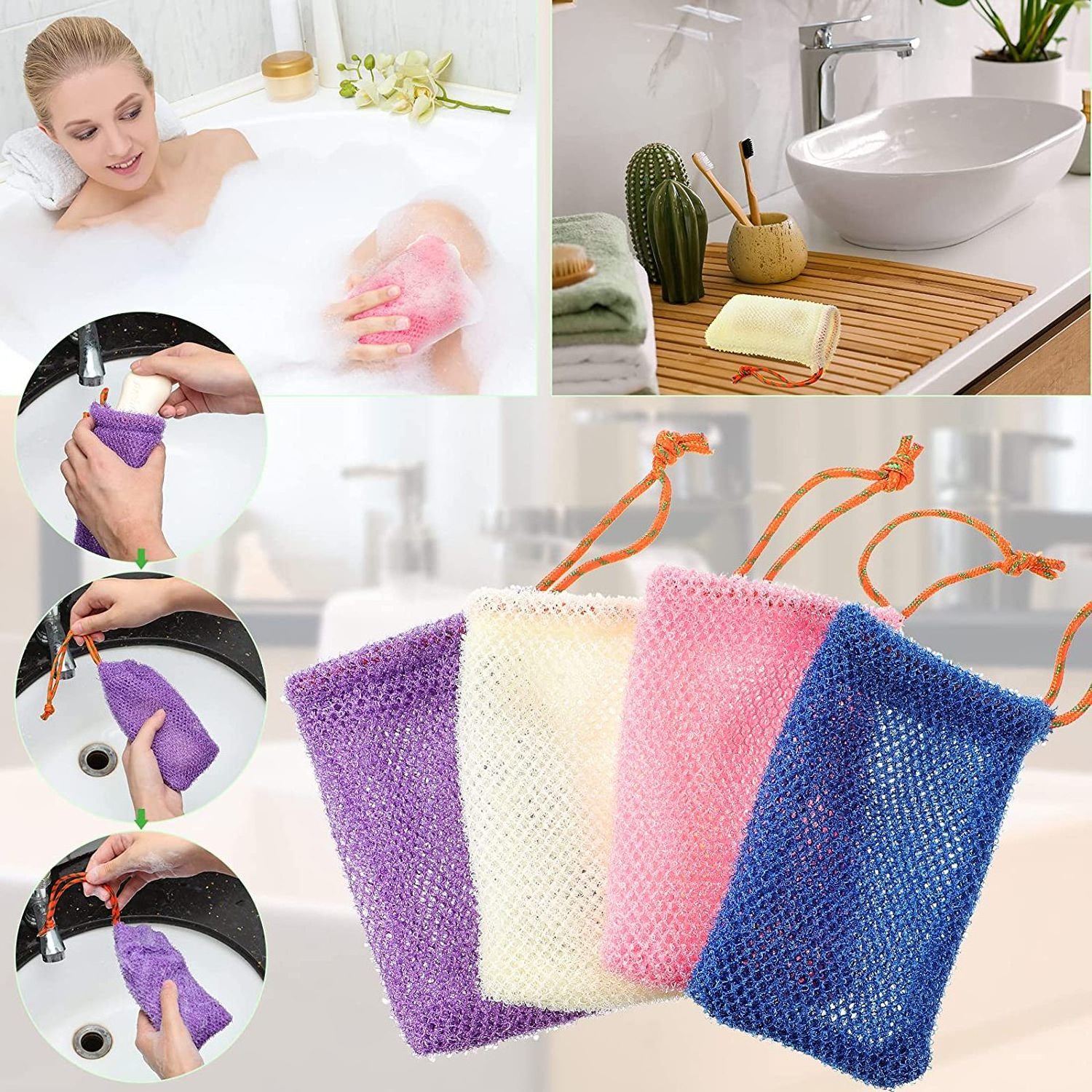 Drawstring Exfoliator Sponge Soap Pocket Body Scrubber Sponge Soap Holder Bubble Foam nylon Net pouch  for Shower