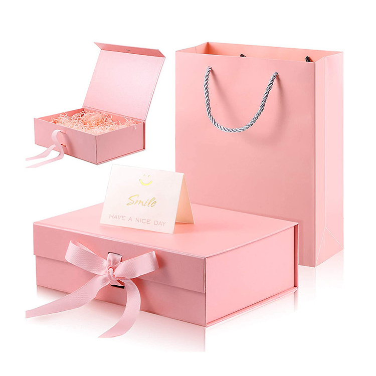 Eco friendly cardboard magnetic folding custom size logo printed large pink gift boxes with ribbon