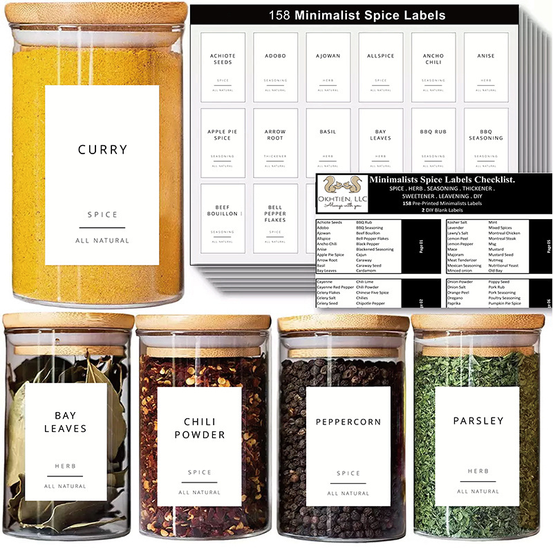 Custom Minimalist Spice Jar Labels Printed Spice Stickers Waterproof Label Fits Round Bamboo Jars or Rectangular Spice Jars