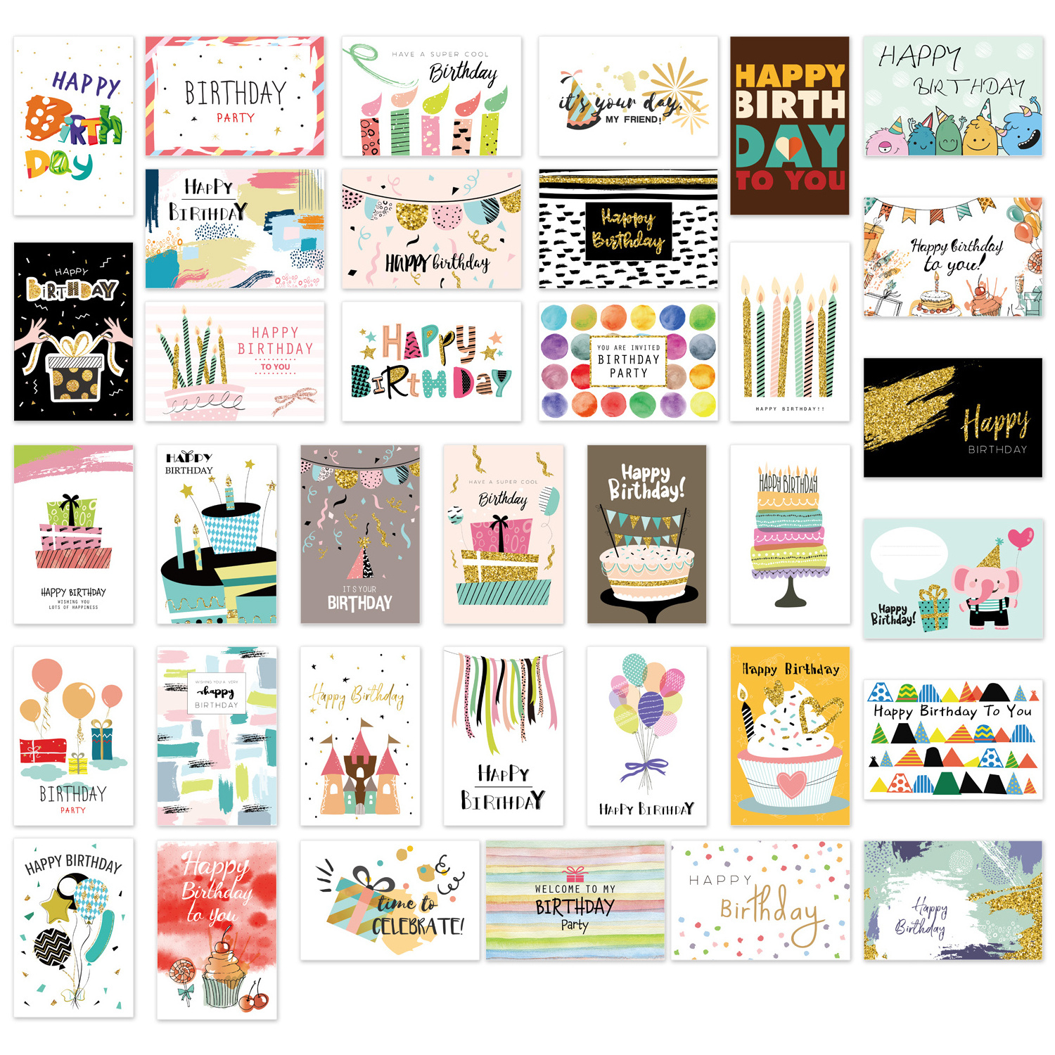 36 Unique Designs Happy Birthday Cards Bulk Large Assorted Greeting Notes with Envelopes and Stickers Thick Card Set