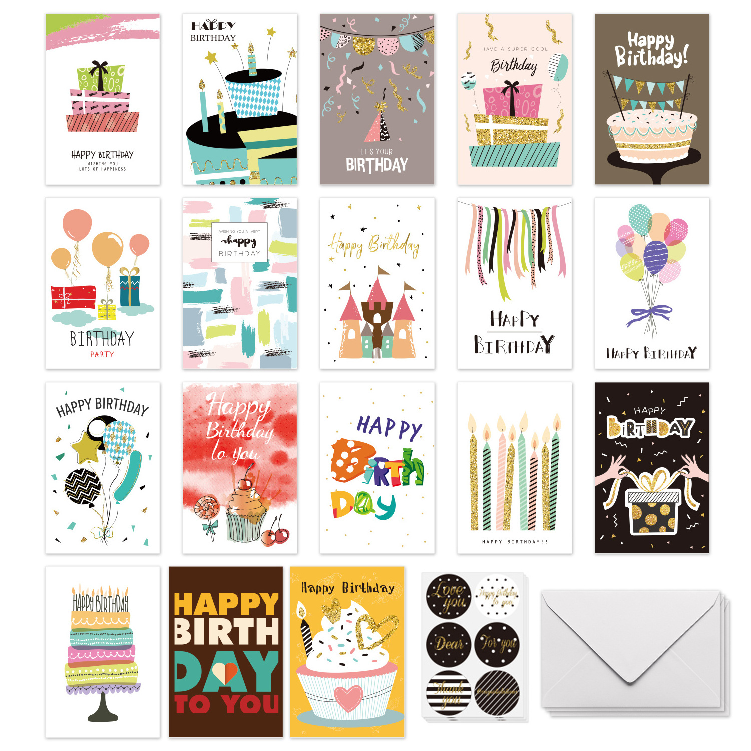 36 Unique Designs Happy Birthday Cards Bulk Large Assorted Greeting Notes with Envelopes and Stickers Thick Card Set