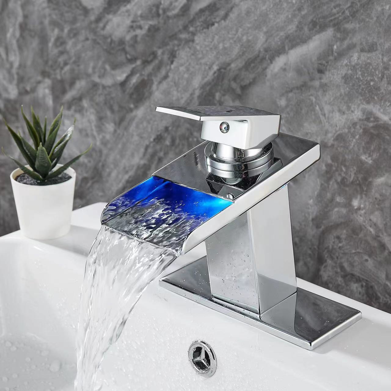 waterfall bathroom faucet chrome brass chrome basin Waterfall faucet LED power color-changing drawing large sink faucet