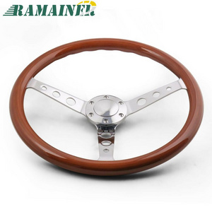 15inch 380mm Universal Real Wood Steering Wheel with Horn Button 6 Holes Wooden Grain Silver Brushed Spoke Chrome Depth 55mm