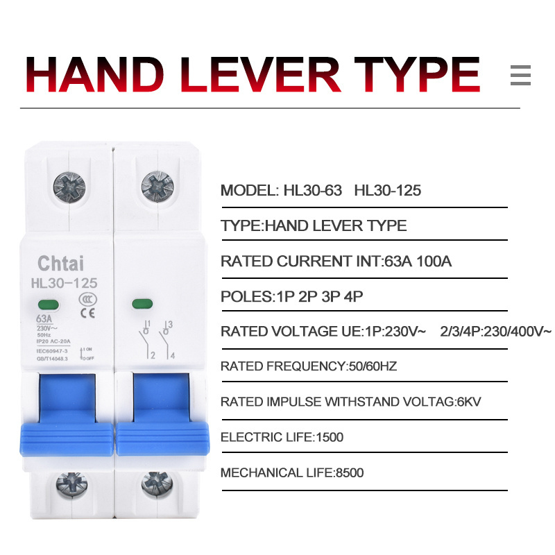 Hand lever Disconnector Switch 35mm Din Rail 1P 2P 3P 4P 63A 100A 125A 2Poles Main Switch Isolator Circuit Breaker 230V/400VAC