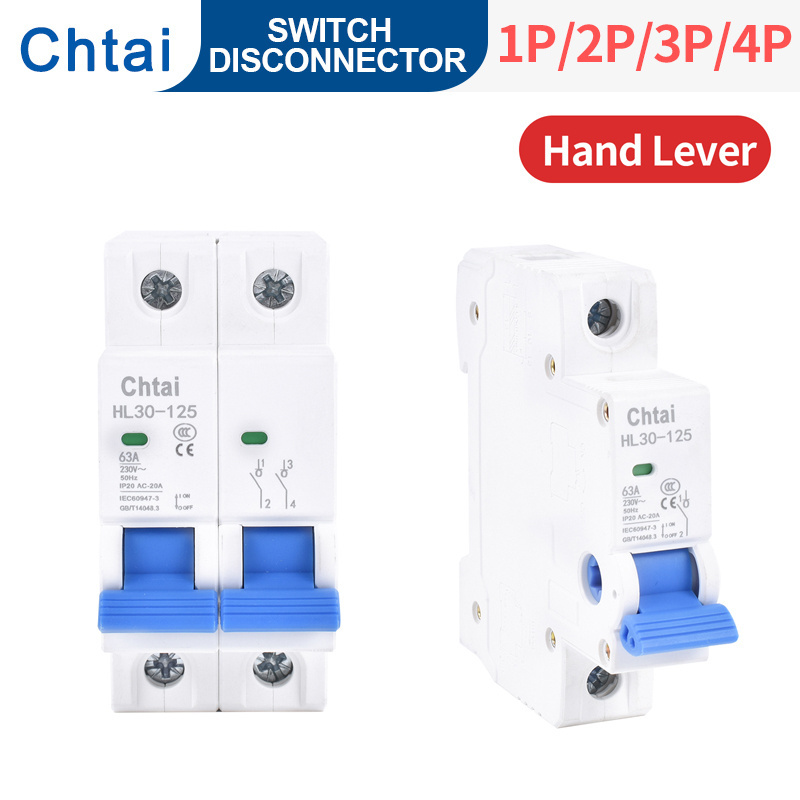 Hand lever Disconnector Switch 35mm Din Rail 1P 2P 3P 4P 63A 100A 125A 2Poles Main Switch Isolator Circuit Breaker 230V/400VAC