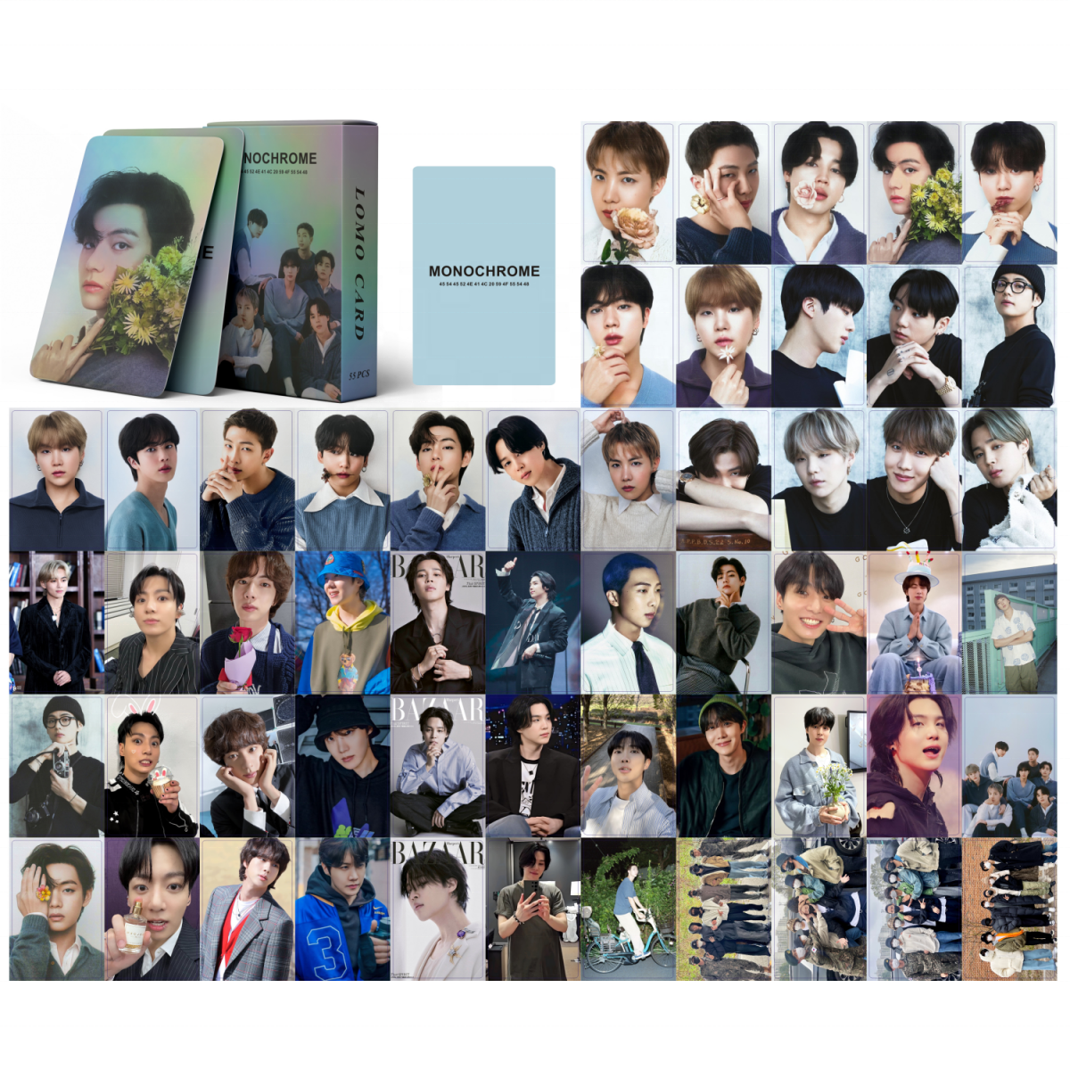 Factory Price KPOP Idol 55pcs/box V JIN SUGA RM JIMIN JK Bangtan Boys MONOCHROME POP UP Holographic Photocard Laser Lomo Card