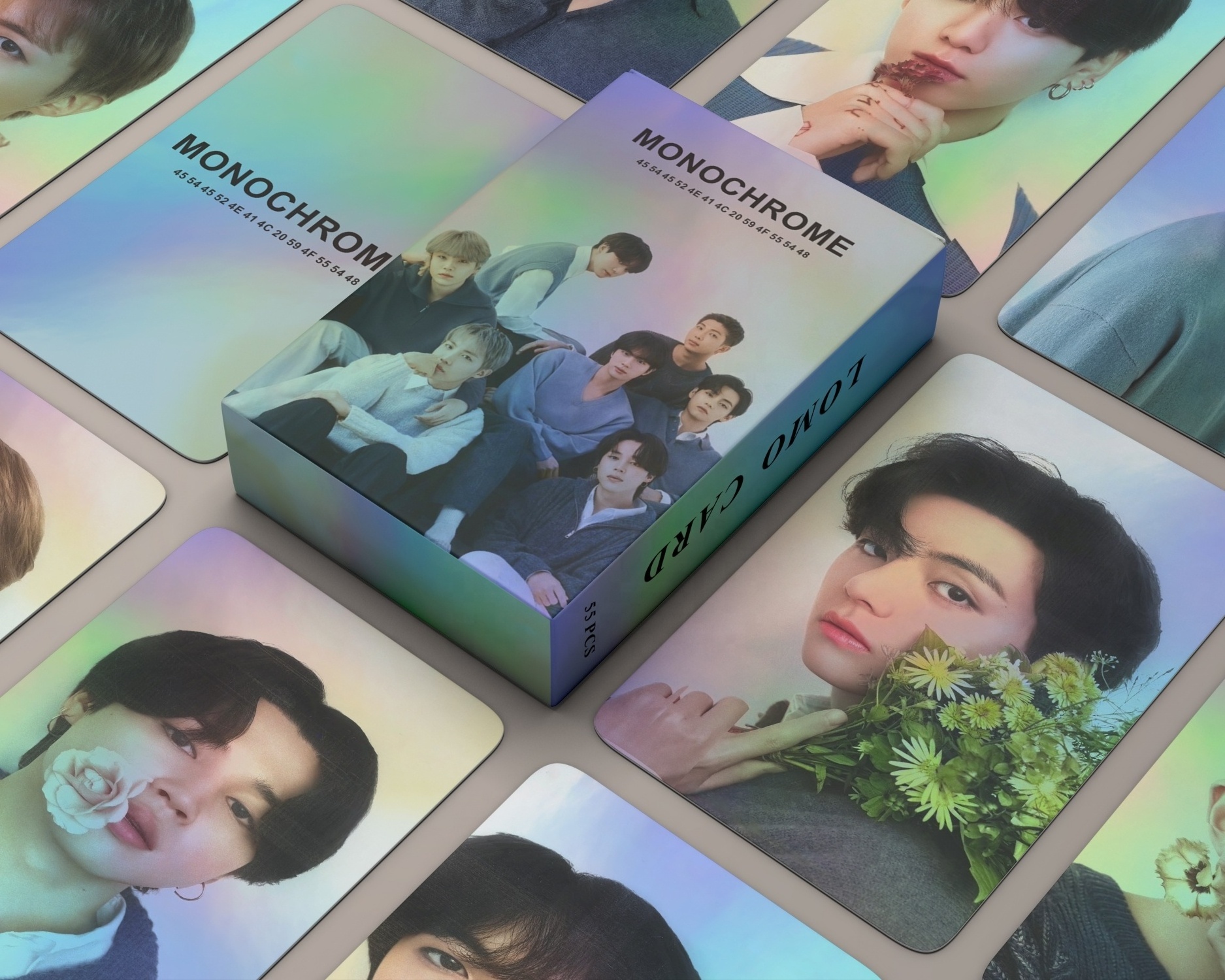 Factory Price KPOP Idol 55pcs/box V JIN SUGA RM JIMIN JK Bangtan Boys MONOCHROME POP UP Holographic Photocard Laser Lomo Card