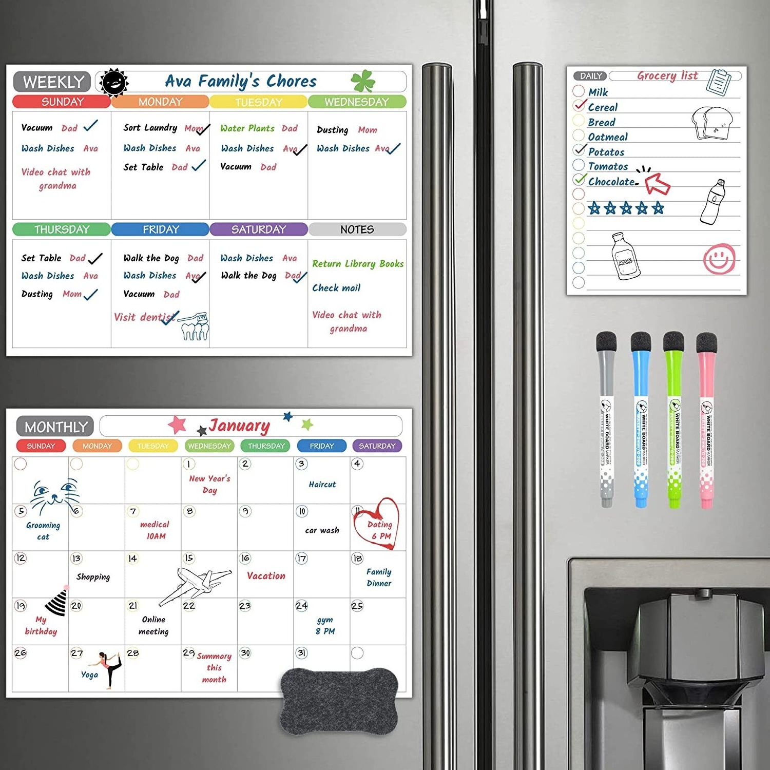 Magnetic Dry Erase Whiteboard Calendar Set of 3 for Fridge & Wall - Monthly, Weekly & Daily Organizer Planner and Grocery List