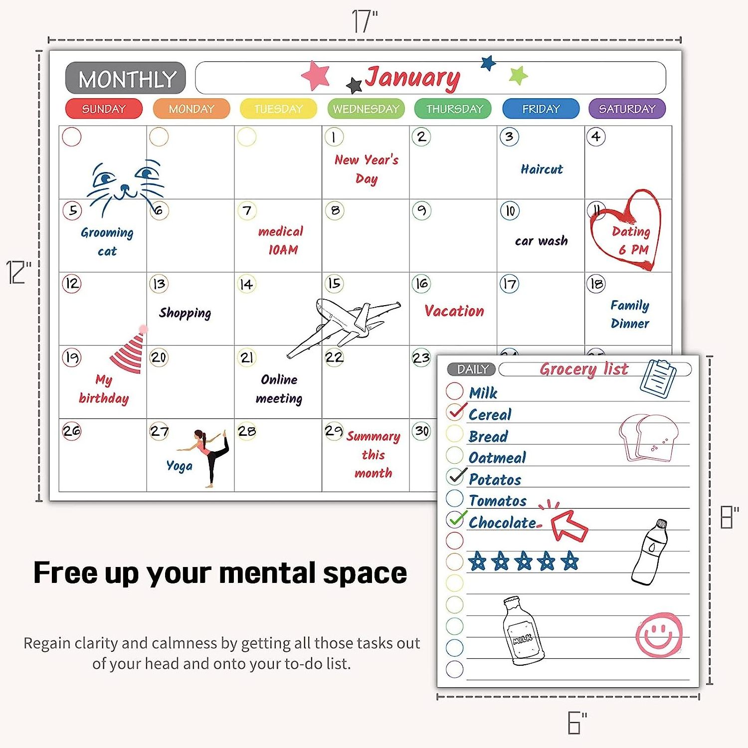 Magnetic Dry Erase Whiteboard Calendar Set of 3 for Fridge & Wall - Monthly, Weekly & Daily Organizer Planner and Grocery List