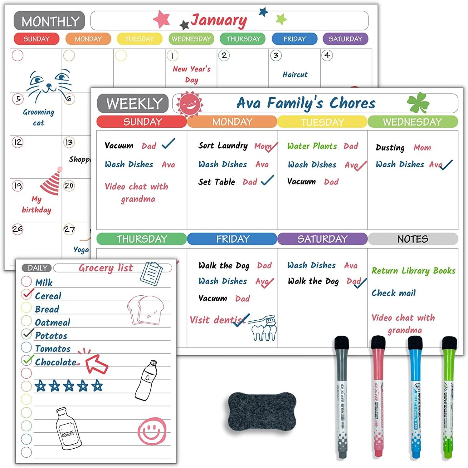 Magnetic Dry Erase Whiteboard Calendar Set of 3 for Fridge & Wall - Monthly, Weekly & Daily Organizer Planner and Grocery List