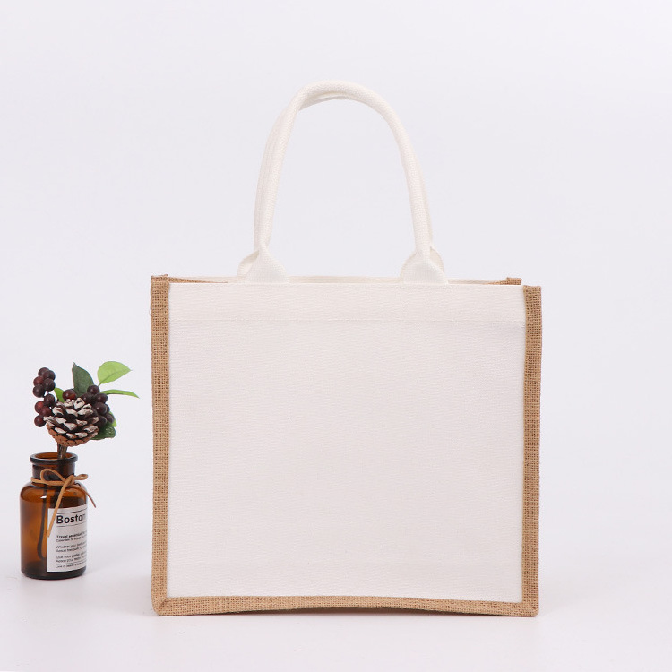 Custom Printed Logo Shoulder Strap Plain Grocery, Shopping Promotional Hessian Burlap jute tote bag with canvas pocket/