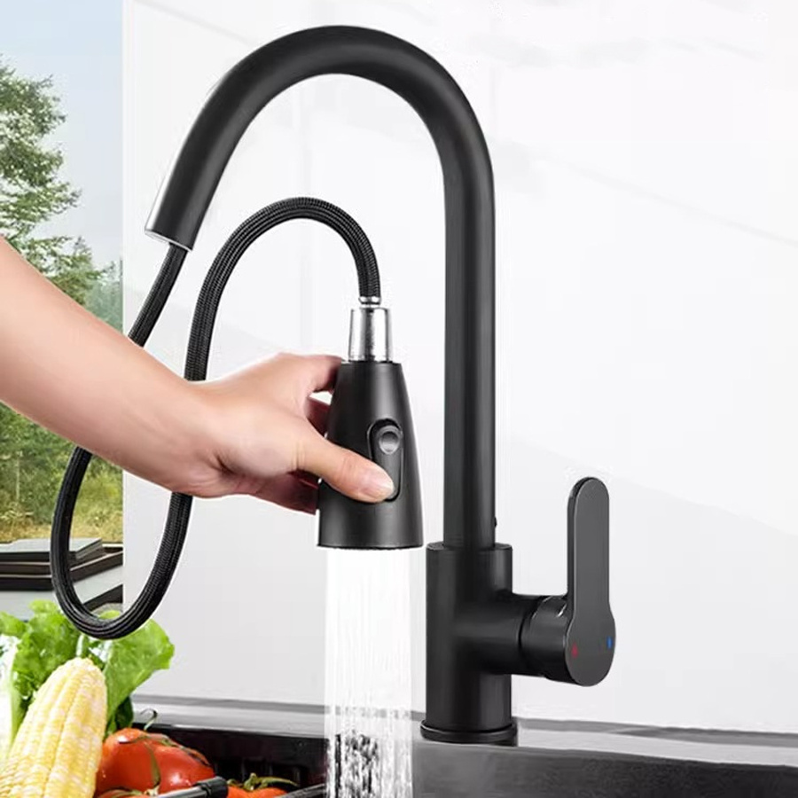 High quality Hot and Cold water mixer 360 Rotation faucets black Stainless steel pull out kitchen faucet