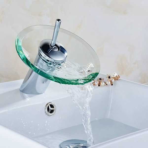 Round Glass Waterfall Faucet Hot and Cold Brass Water Mixer Bathroom  Basin copper Faucet