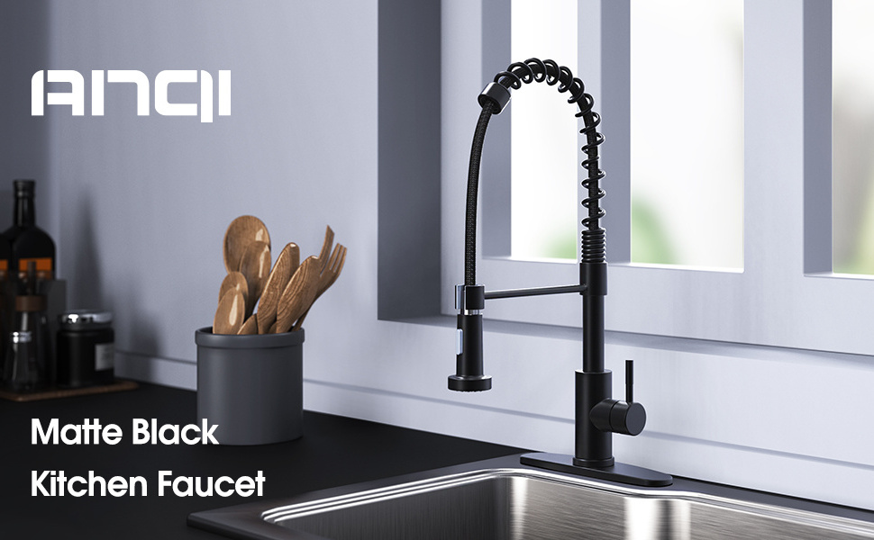 Black Hot and Cold water mixer single hole 360 Rotation Spring Pull Down Stainless Steel Kitchen Faucet