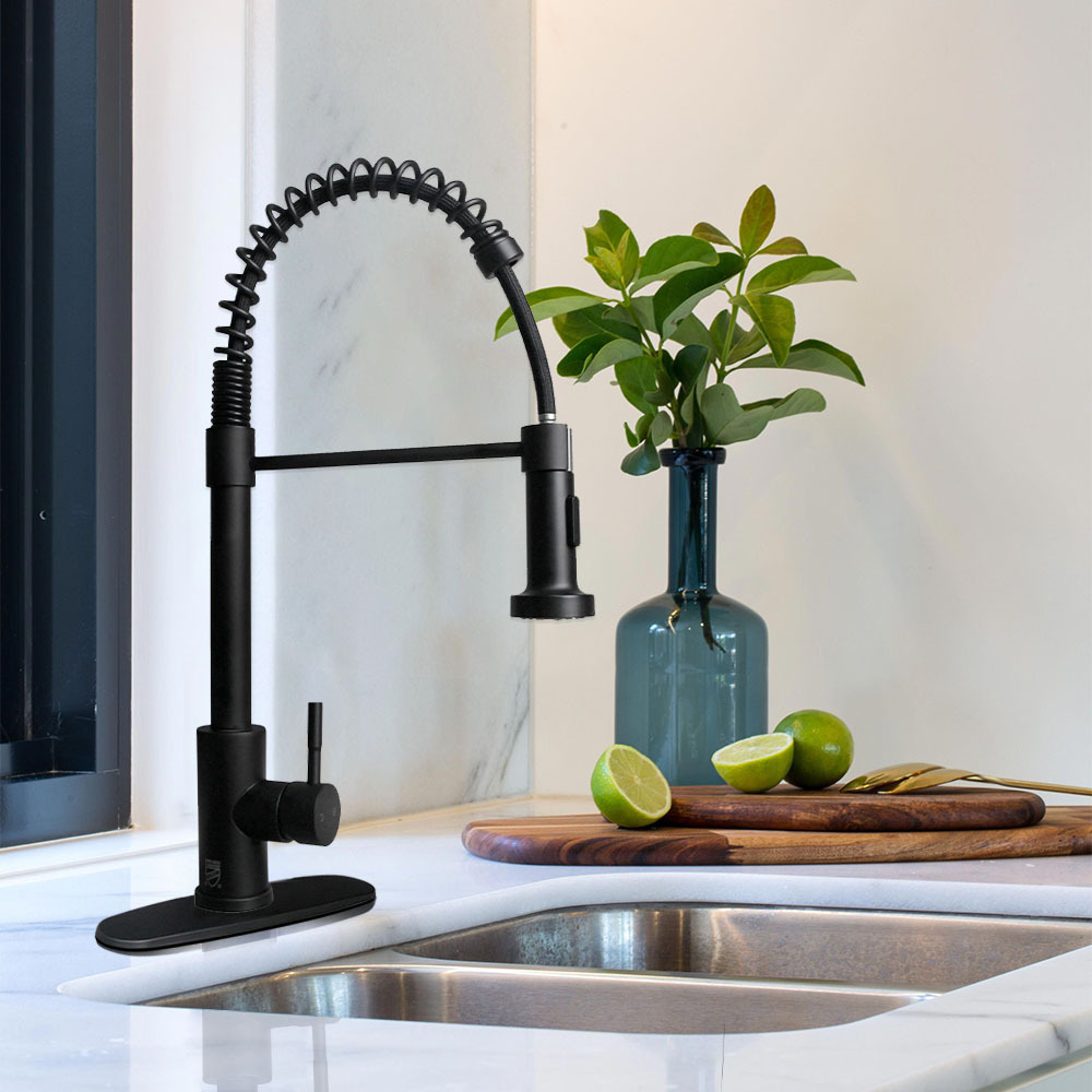 Black Hot and Cold water mixer single hole 360 Rotation Spring Pull Down Stainless Steel Kitchen Faucet