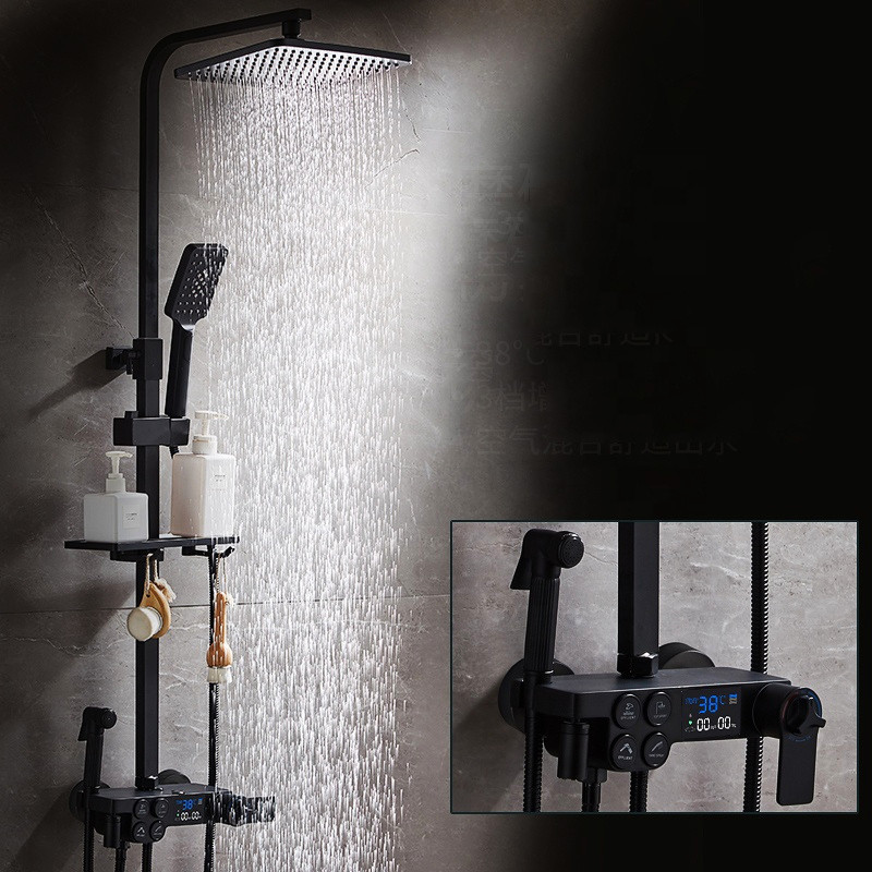 Black brass smart shower mixer Display Digital Thermostatic Shower Faucet 4 Function Rainfall Shower set