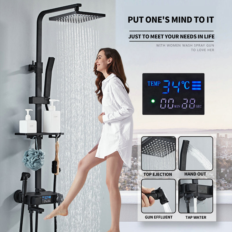 black bath&shower faucets and Handheld Spray bathroom Brass rainfall Shower Faucet with temperature display Shower Set System