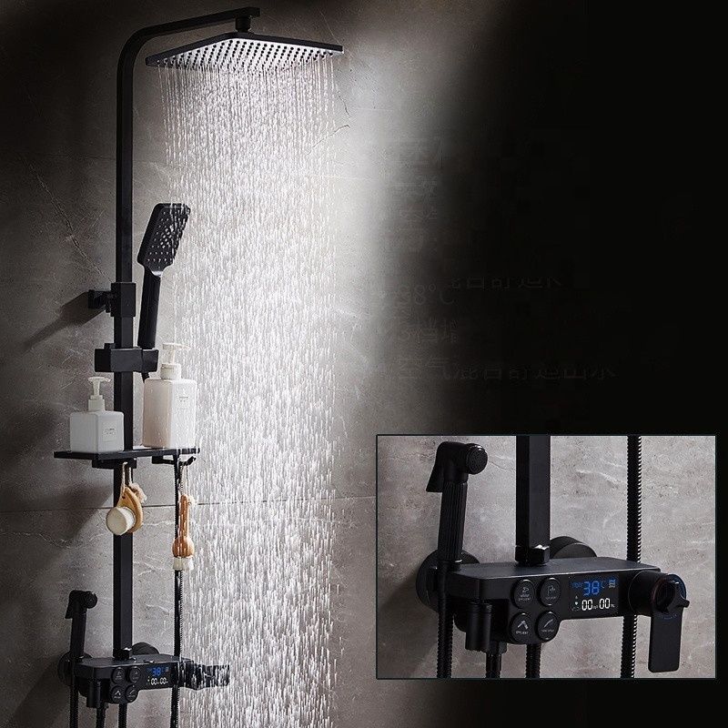 New design Black Led Display Digital Thermostatic Shower Faucet Set 4 Function Rainfall Shower System With Bathroom Shelf