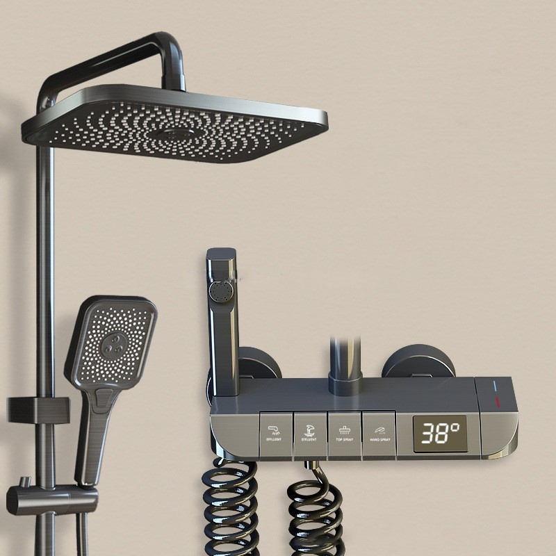 Gun Gray Copper Piano Shower Set 4 Functions Rainfall Shower Head Bathroom Shower System With Temperature display