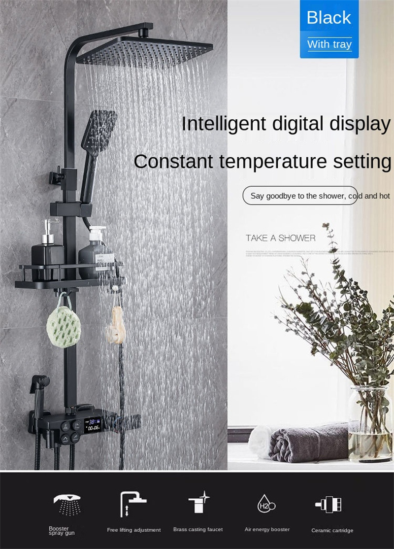 New design Black Led Display Digital Thermostatic Shower Faucet Set 4 Function Rainfall Shower System With Bathroom Shelf