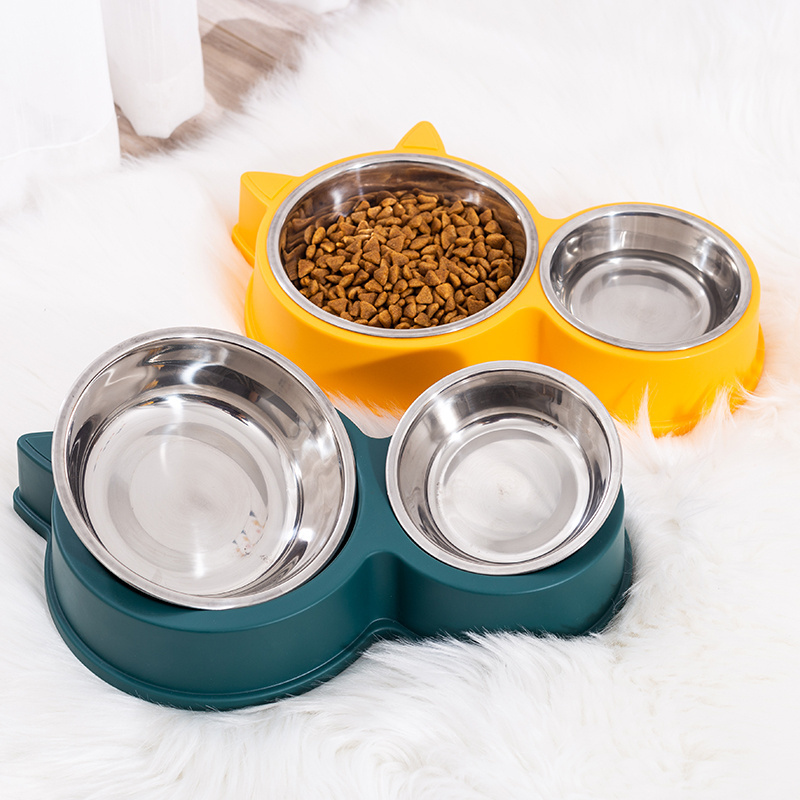 2023 hot selling portable travel plastic and stainless steel pet food feeding cat double bowl plate feeding water pet supplies