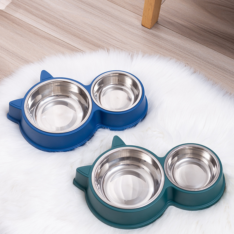 2023 hot selling portable travel plastic and stainless steel pet food feeding cat double bowl plate feeding water pet supplies