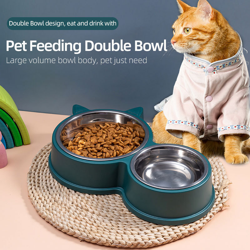 2023 hot selling portable travel plastic and stainless steel pet food feeding cat double bowl plate feeding water pet supplies