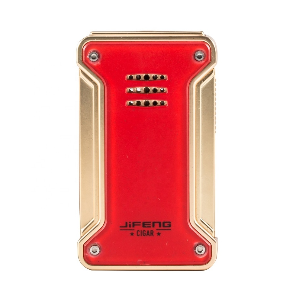 JIFENG JF-092 brown plastic outside brass metal OEM logo electronic windproof gas refillable jet flame cigar lighter