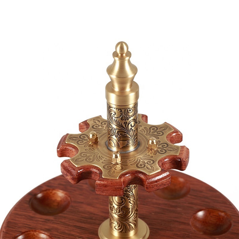 JIFENG JF-YDJ020 retro log brass and wood embossing 20 positions rotate round tobacco pipe holder with cleaner inside