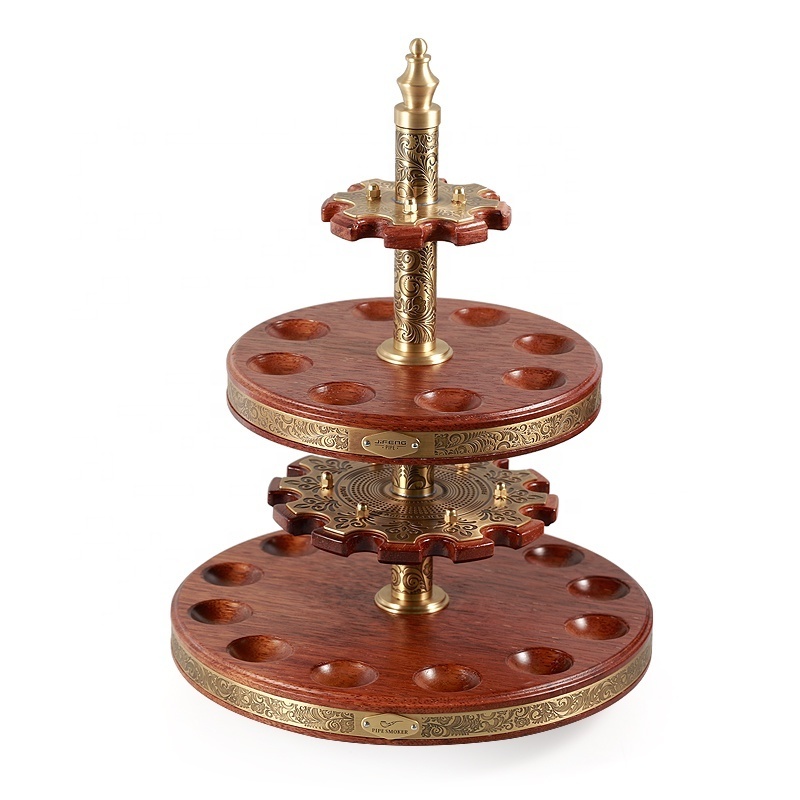 JIFENG JF-YDJ020 retro log brass and wood embossing 20 positions rotate round tobacco pipe holder with cleaner inside