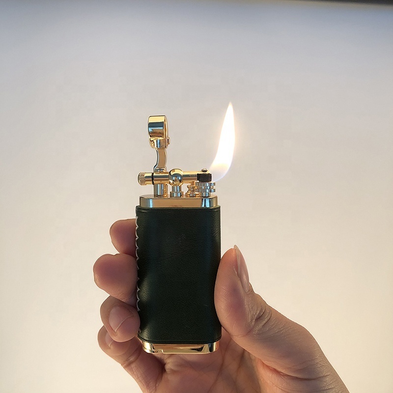 JIFENG JF-111 green leather brass tank flint gas metal cigarette lighter slant flame for pipe with tamper