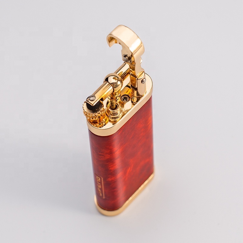 JIFENG JF-115 elegant wooden design gold-plated flint gas slanted flame pipe lighter with tamper tool