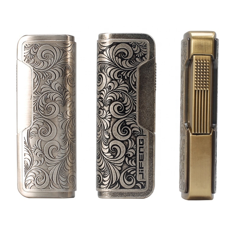 JF-090 JIFENG 8.3*3*2cm 84g metal zinc alloy embossed pattern electronic refillable gas cigar torch lighter