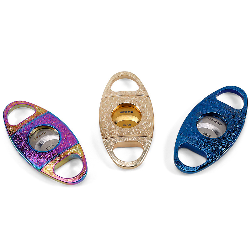 JIFENG J06 Wholesale blue purple gold zinc alloy metal base stainless steel blades rainbow travel cigar cutter