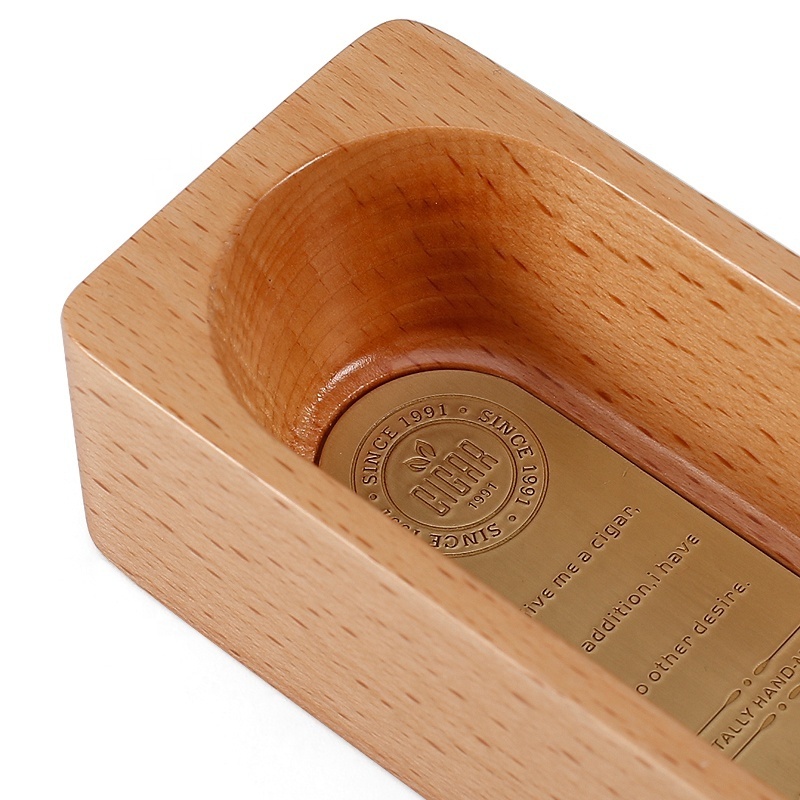 JF-098 JIFENG 16.8*4.8*3.4cm small metal and beech wood single cigar ashtray for hotel, cigar bar and gift stores