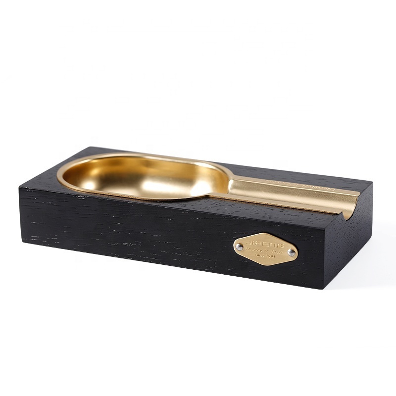 JF-072 JIFENG copper metal and merbau wood small custom black gold cigar ashtray for personal single slot