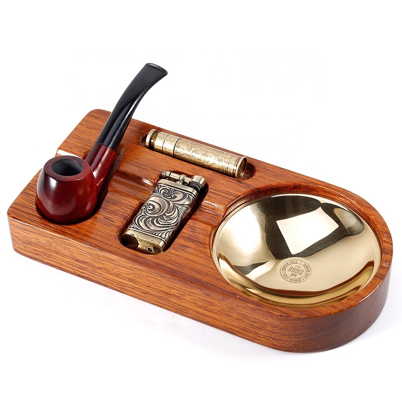 JIFENG TZ-9 24*12*3.5cm 600g OEM popular Merbau wood cigar ash tray holder and lighter, pipe tamper smoking cleaning tool set