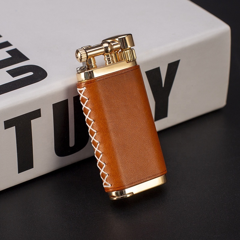 JIFENG JF-111 98g leather brass tank metal slant flame flint gas boutique cigarette lighter with tamper for pipe and cigar