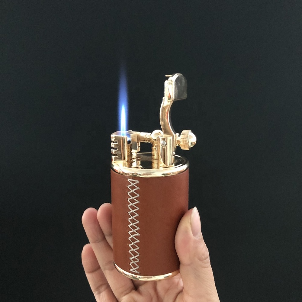 JIFENG JF-112 Customized Cow Leather Surface Flint Refill Gas Cigarette Flame and Cigar Torch Lighter for Smoking Enthusiasts