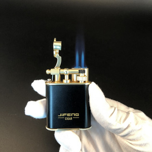 JIFENG JF-086 customized gift New Design Frosted Flint double jet flames Torch Refillable Butane gas brass metal Cigar Lighter