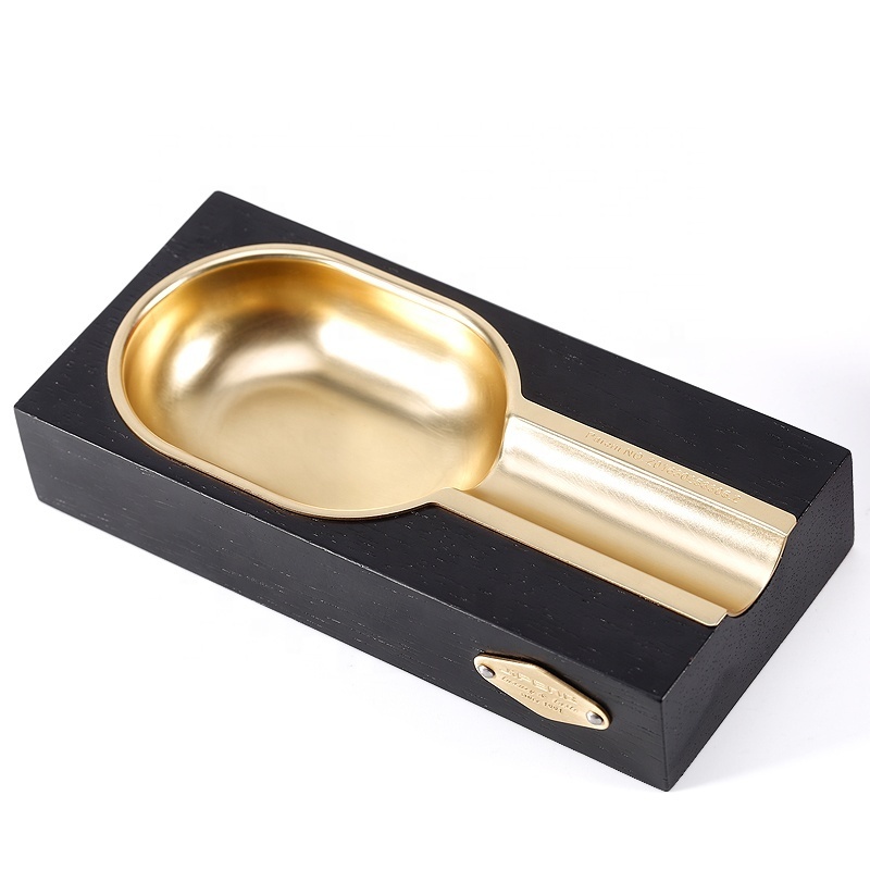 JF-072 JIFENG copper metal and merbau wood small custom black gold cigar ashtray for personal single slot