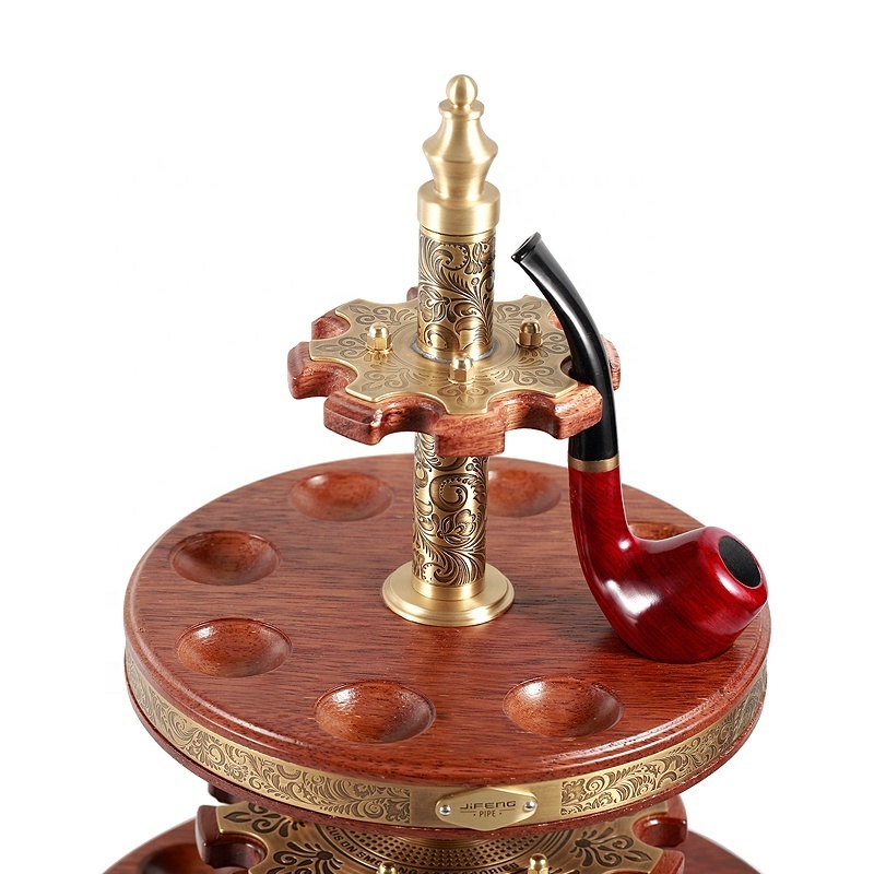 JIFENG JF-YDJ020 retro log brass and wood embossing 20 positions rotate round tobacco pipe holder with cleaner inside