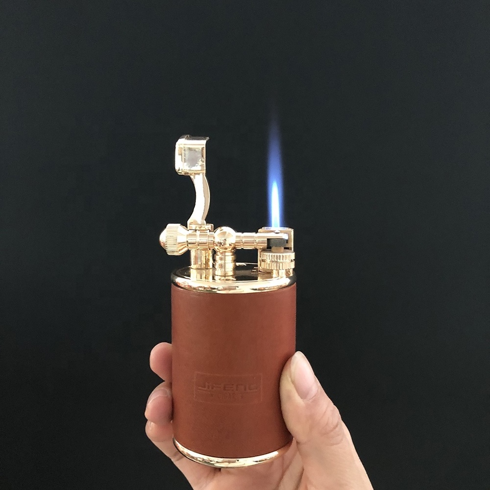 JIFENG JF-112 Customized Cow Leather Surface Flint Refill Gas Cigarette Flame and Cigar Torch Lighter for Smoking Enthusiasts