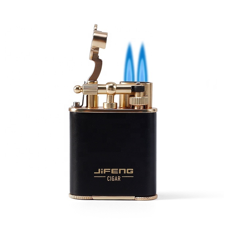 JIFENG factory JF-086 black gold metal cigar punch tool double jet torch flame gas refillable cigar lighter