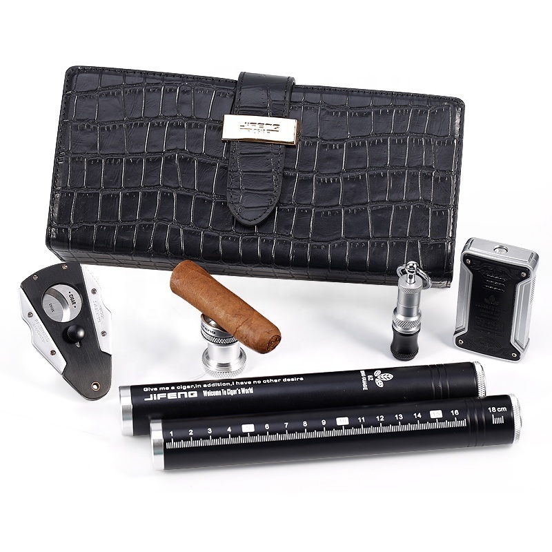 JF-505 JIFENG  Modern Luxury cigar lovers gift no lighter tube punch and holder 7 in 1 cigar bag cigar leather case set