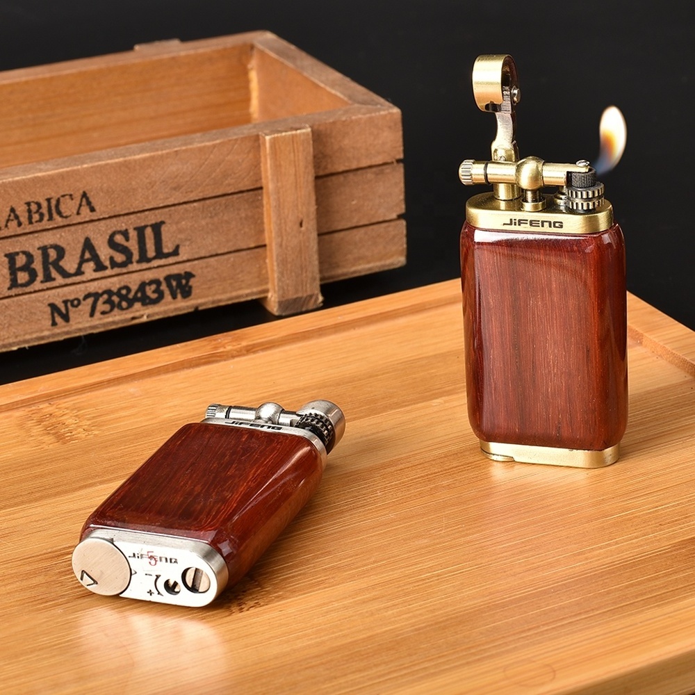 JIFENG JF-097 6.6*3.4*1.5cm 48g metal and wood material flint gas slanting soft flame cigarette pipe lighter