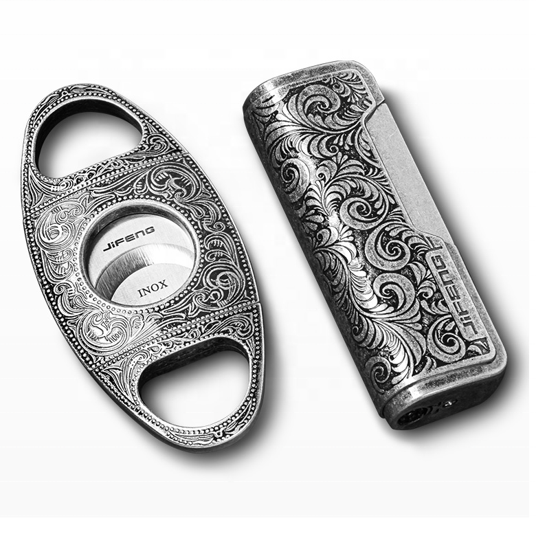 JIFENG T313 father's day gift Cigar Cutter and Lighter Set Sharpening Blade Engraved Cigar Guillotine and Retro Carved Lighter