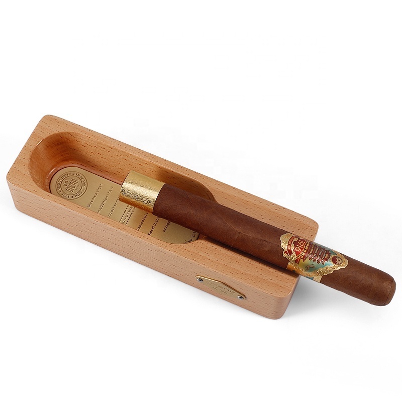 JF-098 JIFENG 16.8*4.8*3.4cm small metal and beech wood single cigar ashtray for hotel, cigar bar and gift stores