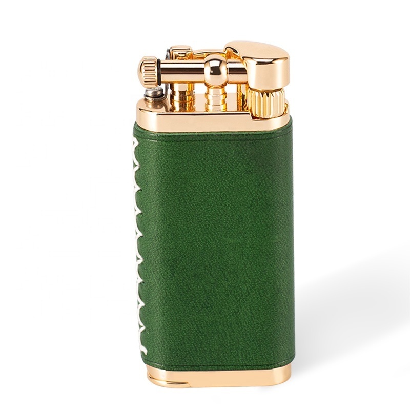 JIFENG JF-111 green leather brass tank flint gas metal cigarette lighter slant flame for pipe with tamper